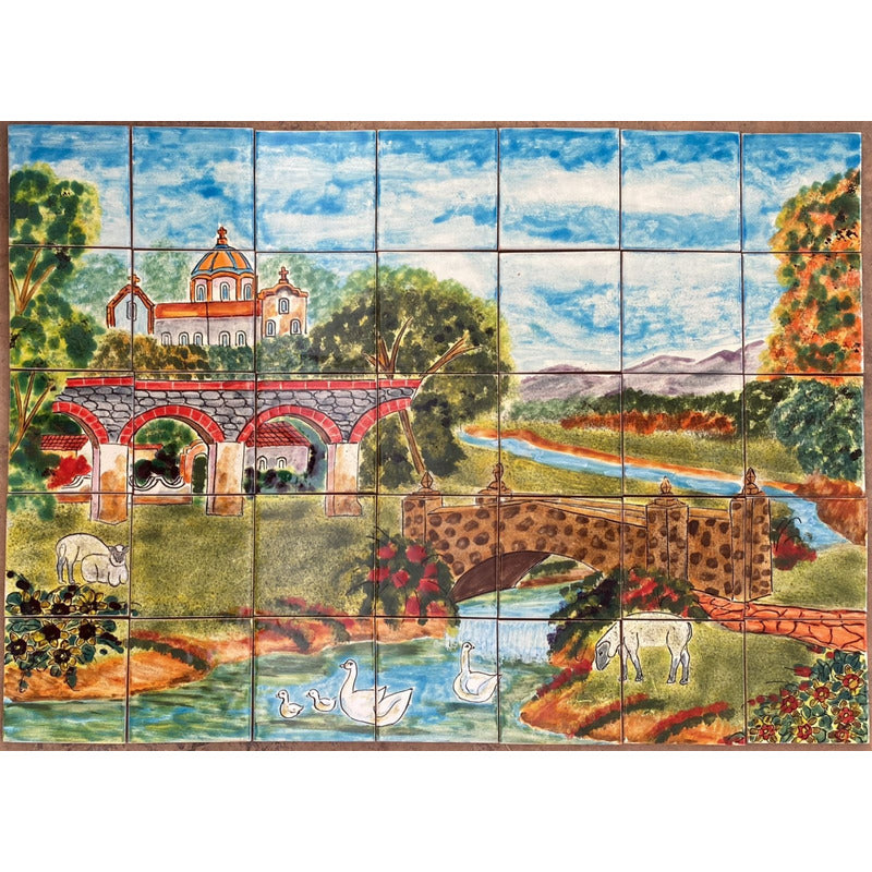 Mural 35pz Azulejo Artesanal Tipo Talavera Liso #m035-19 Pueblito Con Dos Puentes 8