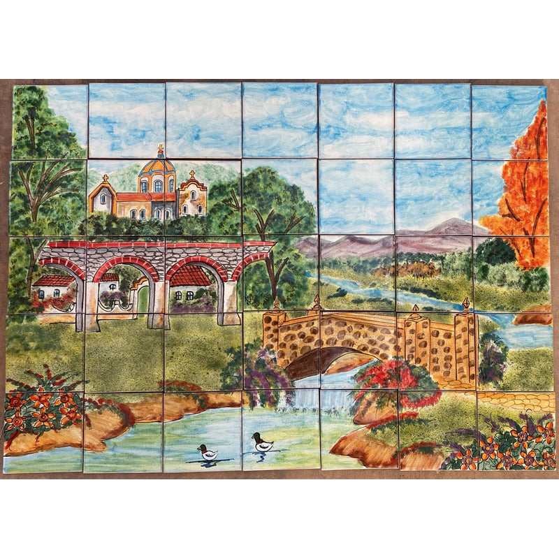 Mural 35pz Azulejo Artesanal Tipo Talavera Liso #m035-19 Pueblito Con Dos Puentes 1