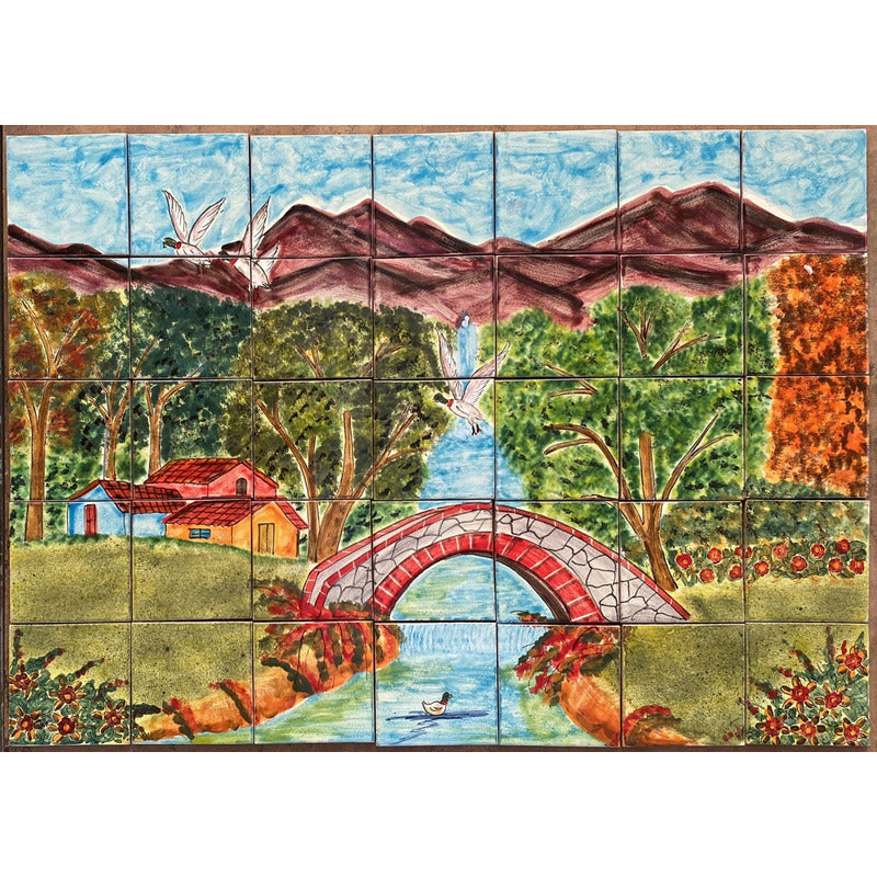 Mural 35pz Azulejo Artesanal Tipo Talavera Liso #m035-01 Pueblito Con Patos 1