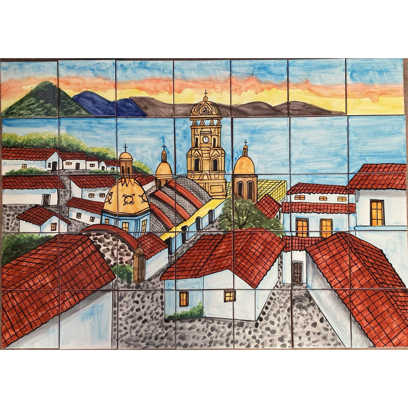 Mural 35pz Azulejo Artesanal Tipo Talavera Liso #m035-11 Pueblito Con Iglesia 7