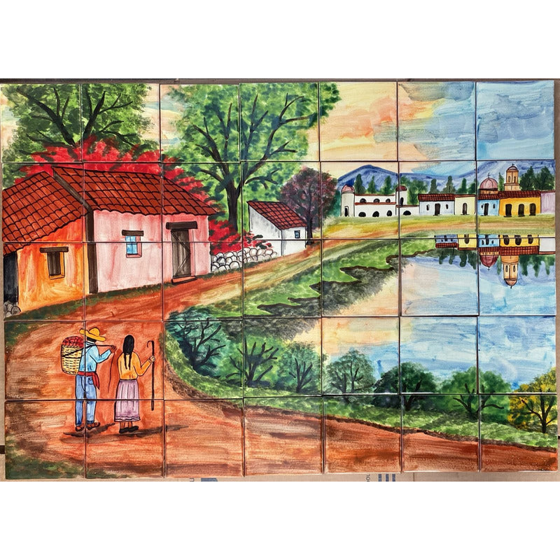 Mural 35pz Azulejo Artesanal Tipo Talavera Liso #m035-04 Pueblito Curva Con Reflejo 6