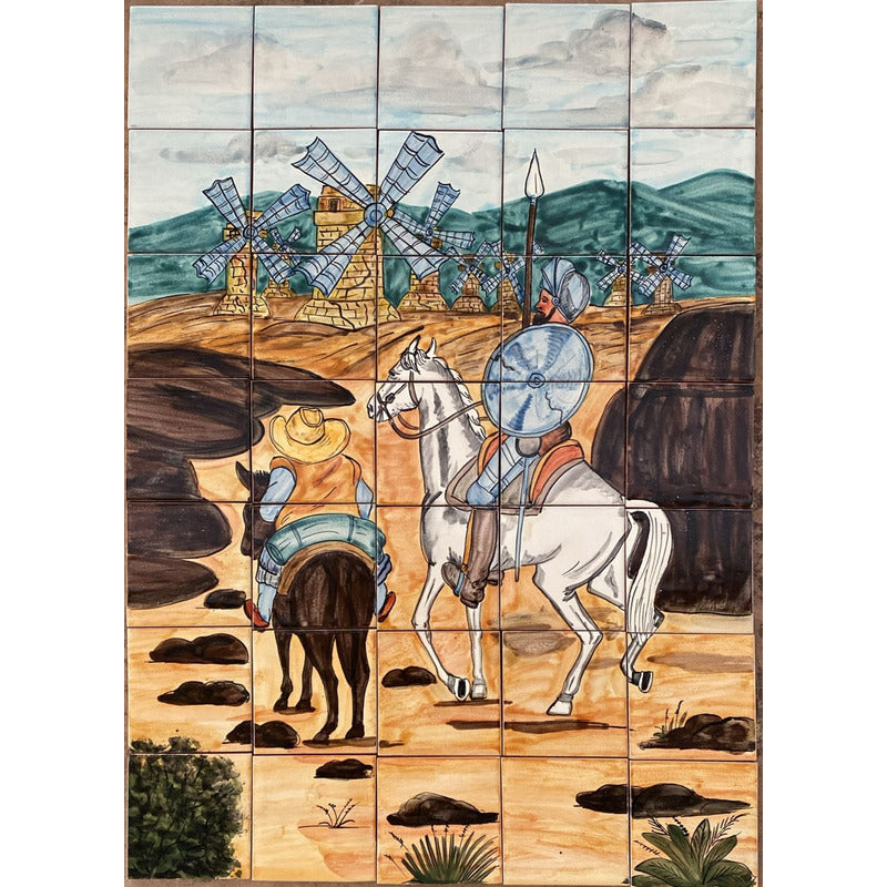 Mural 35pz Azulejo Artesanal Tipo Talavera Liso #m035-24 Pueblito Con Molino De Viento 5