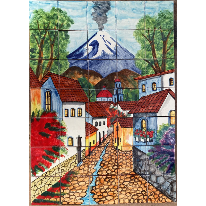 Mural 35pz Azulejo Artesanal Tipo Talavera Liso #m035-09 Pueblito Con Volcan 1