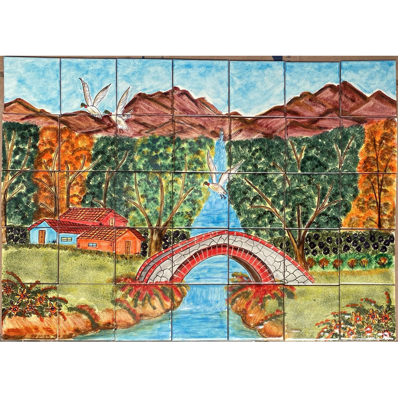 Mural 35pz Azulejo Artesanal Tipo Talavera Liso #m035-01 Pueblito Con Patos 2