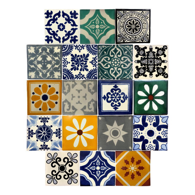 Azulejo 10.5cm Artesanal Tipo Talavera Liso 90pz Surtido S17