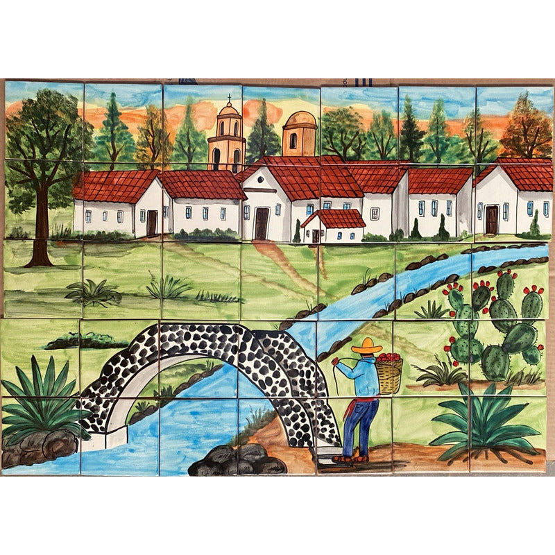 Mural 35pz Azulejo Artesanal Tipo Talavera Liso #m035-68 M035-68.08