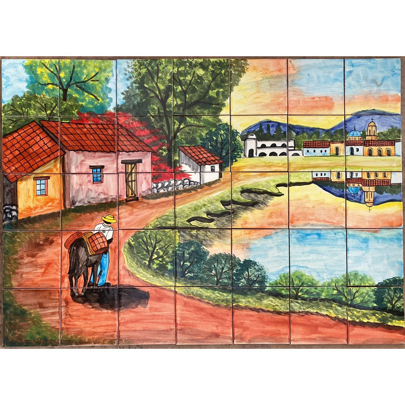 Mural 35pz Azulejo Artesanal Tipo Talavera Liso #m035-04 Pueblito Curva Con Reflejo 2