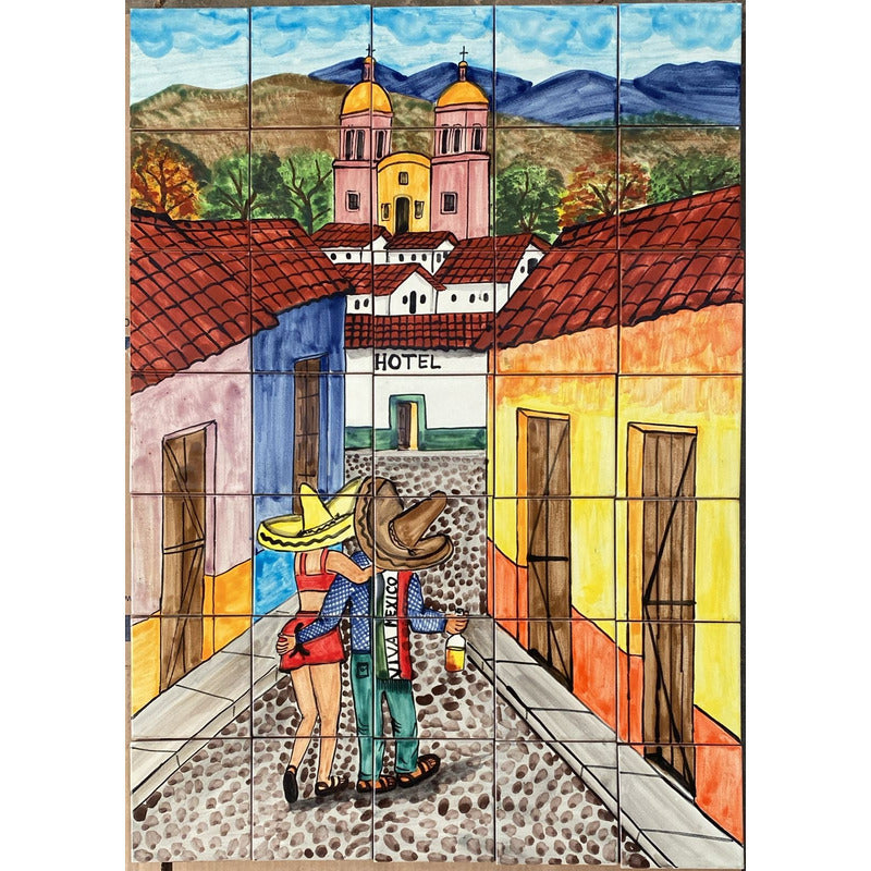 Mural 35pz Azulejo Artesanal Tipo Talavera Liso #m035-25 Pueblito Con Hotel 8