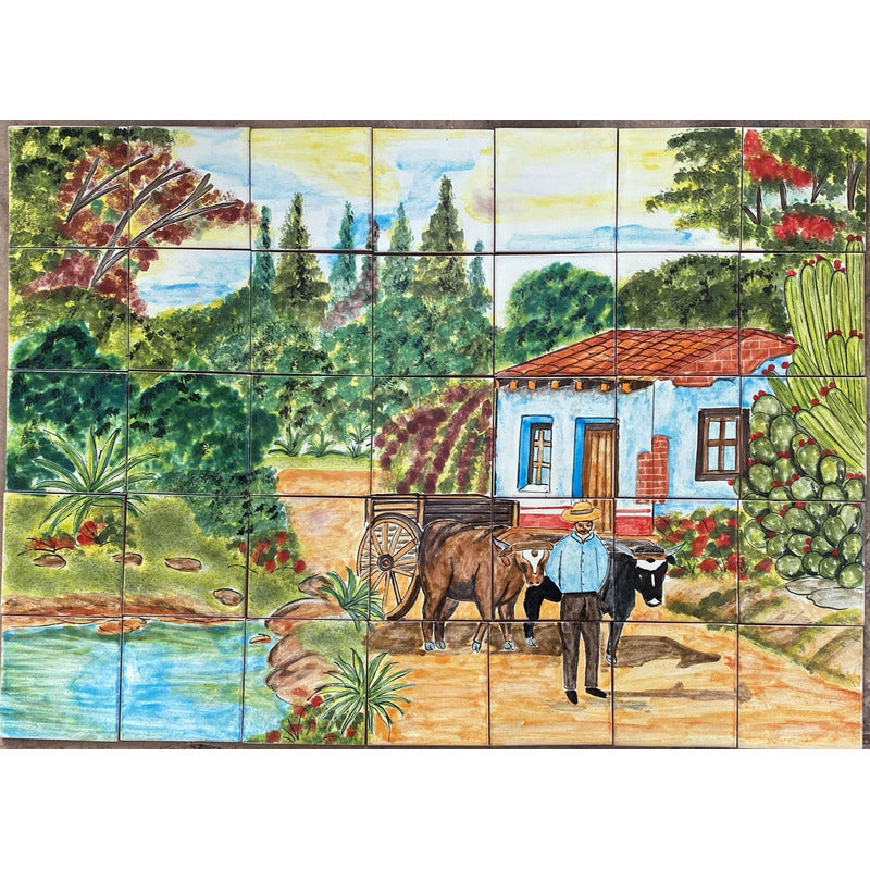 Mural 35pz Azulejo Artesanal Tipo Talavera Liso #m035-40 M035-40.02