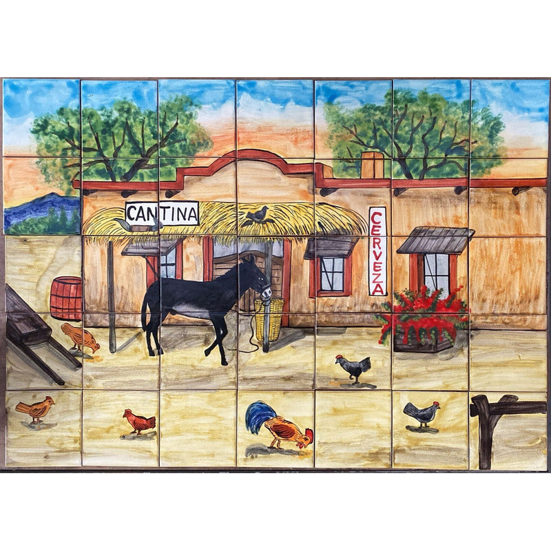 Mural 35pz Azulejo Artesanal Tipo Talavera Liso #m035-23 Pueblito Con Cantina 3
