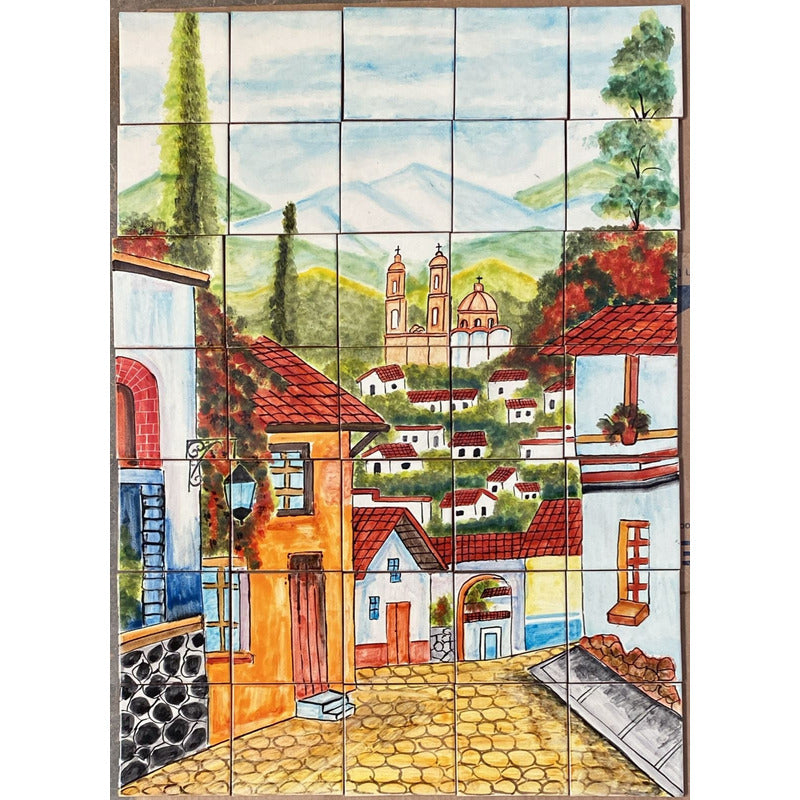 Mural 35pz Azulejo Artesanal Tipo Talavera Liso #m035-26 Pueblito Con Montañas 2