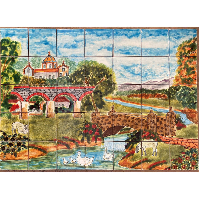 Mural 35pz Azulejo Artesanal Tipo Talavera Liso #m035-19 Pueblito Con Dos Puentes 7