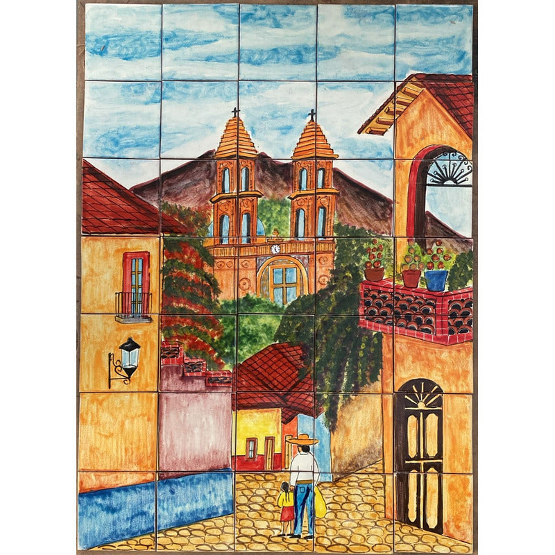 Mural 35pz Azulejo Artesanal Tipo Talavera Liso #m035-02 Pueblito Señor Y Niña 2