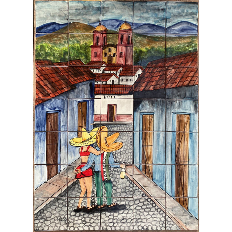 Mural 35pz Azulejo Artesanal Tipo Talavera Liso #m035-25 Pueblito Con Hotel 4