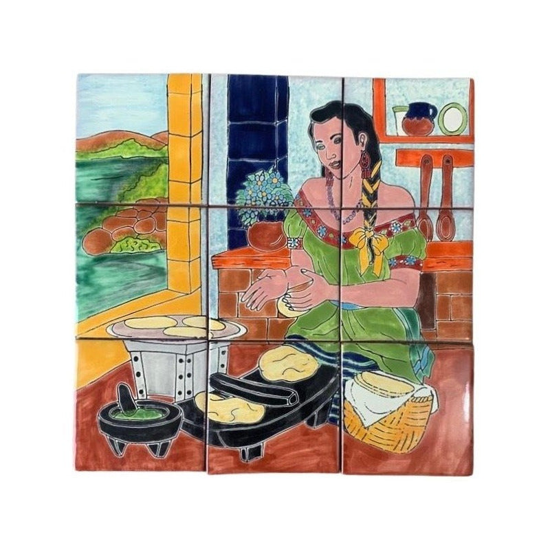 Mural 9pz Azulejo Artesanal Tipo Talavera Liso #01