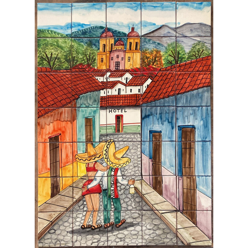 Mural 35pz Azulejo Artesanal Tipo Talavera Liso #m035-25 Pueblito Con Hotel 11