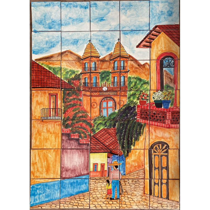 Mural 35pz Azulejo Artesanal Tipo Talavera Liso #m035-02 Pueblito Con Señor Y Niña 4
