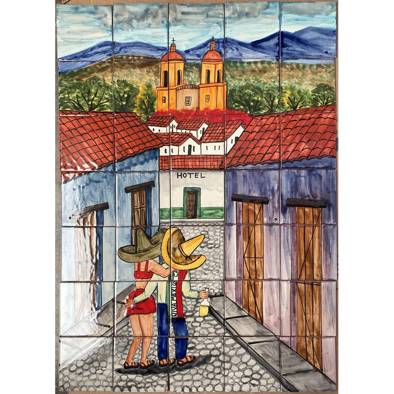 Mural 35pz Azulejo Artesanal Tipo Talavera Liso #m035-25 Pueblito Con Hotel 7