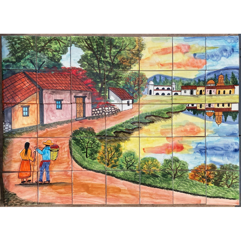 Mural 35pz Azulejo Artesanal Tipo Talavera Liso #m035-04 Pueblito Curva Con Reflejo 5