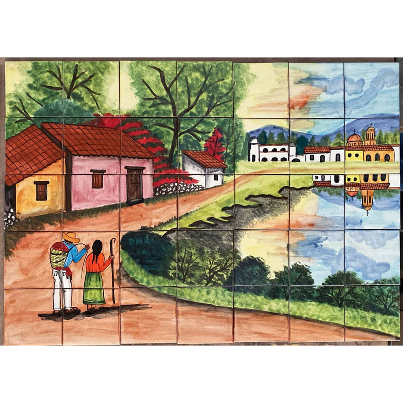 Mural 35pz Azulejo Artesanal Tipo Talavera Liso #m035-04 Pueblito Curva Con Reflejo 7