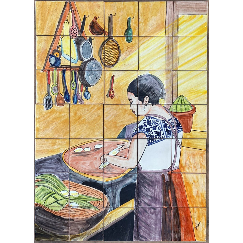 Mural 35pz Azulejo Artesanal Tipo Talavera Liso #m035-141 M035-141.03