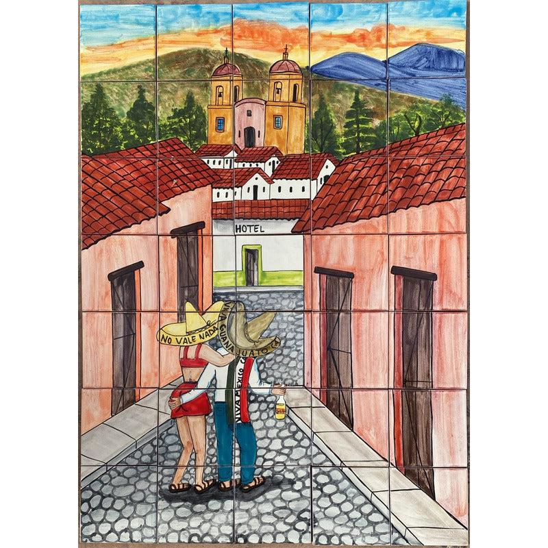 Mural 35pz Azulejo Artesanal Tipo Talavera Liso #m035-25 Pueblito Con Hotel 5