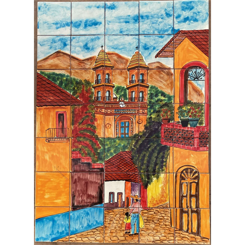 Mural 35pz Azulejo Artesanal Tipo Talavera Liso #m035-02 Pueblito Señor Y Niña 1