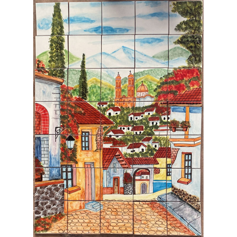 Mural 35pz Azulejo Artesanal Tipo Talavera Liso #m035-26 Pueblito Con Montañas 1