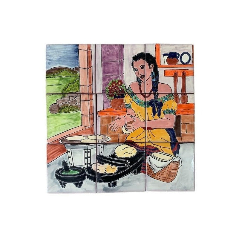 Mural 9pz Azulejo Artesanal Tipo Talavera Liso #m009-08