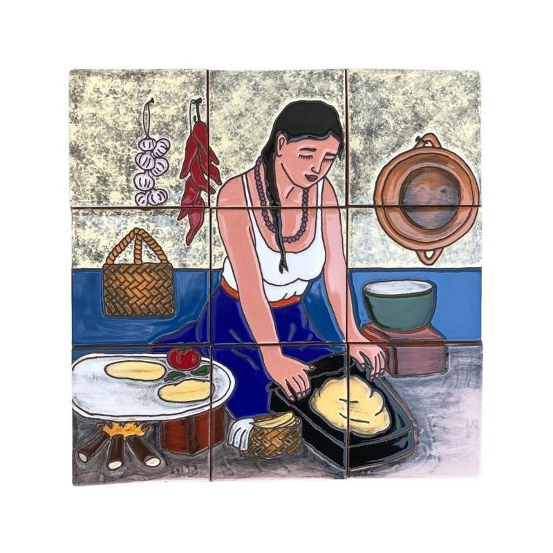 Mural 9pz Azulejo Artesanal Tipo Talavera Relieve #m009-05