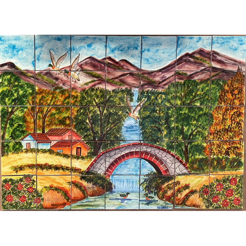 Mural 35pz Azulejo Artesanal Tipo Talavera Liso #m035-01 Pueblito Con Patos 4