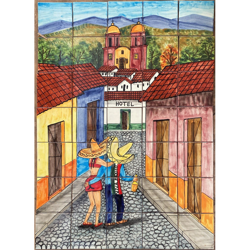 Mural 35pz Azulejo Artesanal Tipo Talavera Liso #m035-25 Pueblito Con Hotel 9