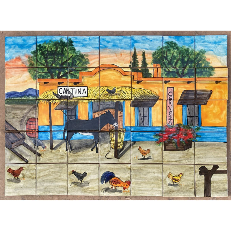 Mural 35pz Azulejo Artesanal Tipo Talavera Liso #m035-23 Pueblito Con Cantina 1