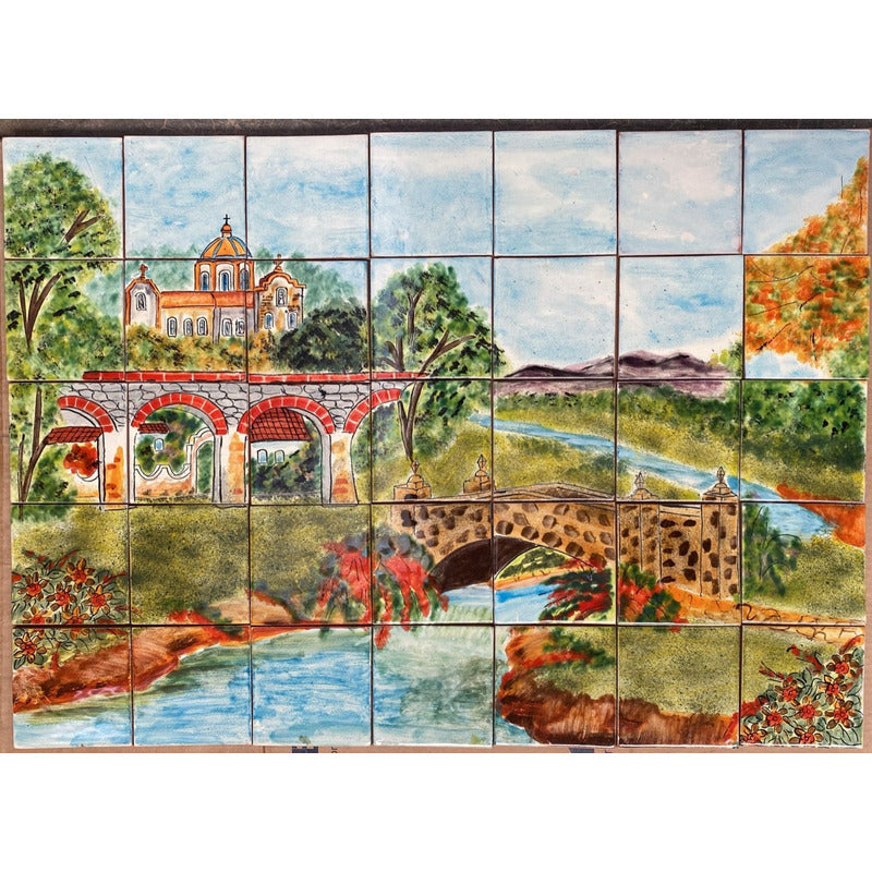 Mural 35pz Azulejo Artesanal Tipo Talavera Liso #m035-19 Pueblito Con Dos Puentes 4