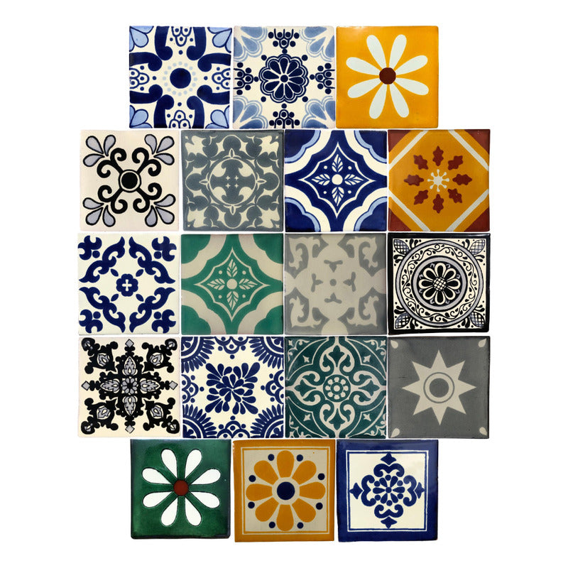 Azulejo 10.5cm Artesanal Tipo Talavera Liso 90pz Surtido S25