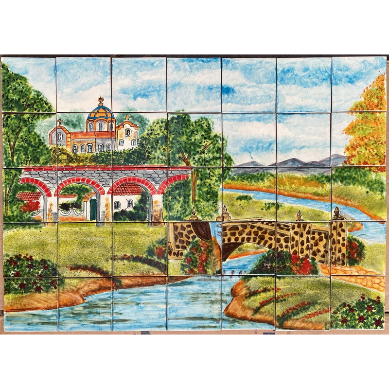 Mural 35pz Azulejo Artesanal Tipo Talavera Liso #m035-19 Pueblito Con Dos Puentes 8