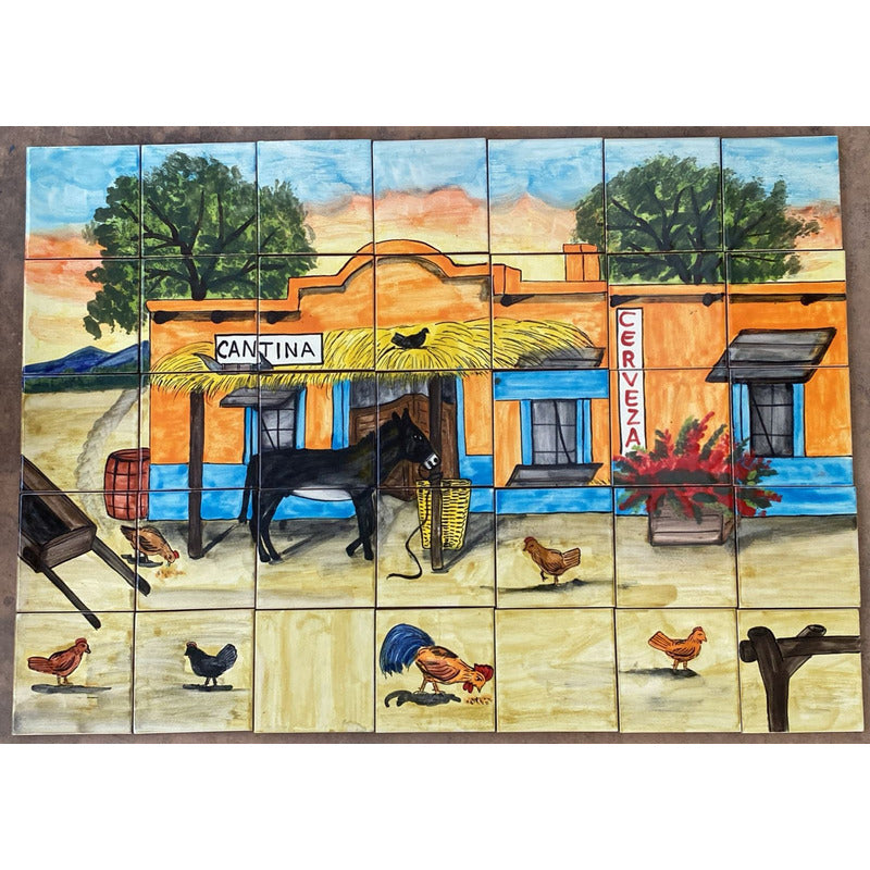 Mural 35pz Azulejo Artesanal Tipo Talavera Liso #m035-23 Pueblito Con Cantina 2