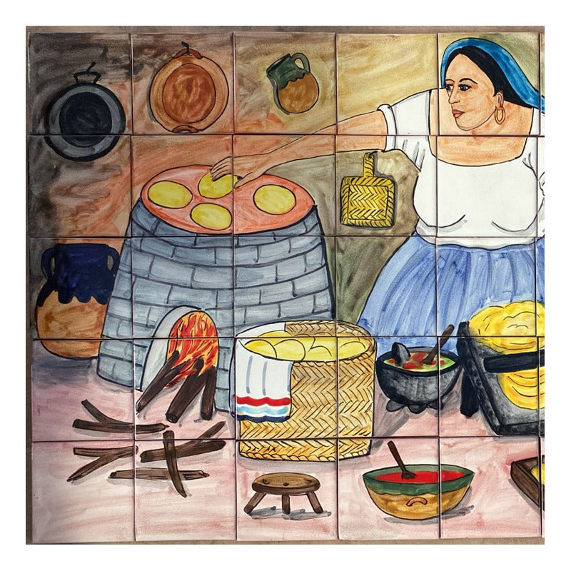 Mural 35pz Azulejo Artesanal Tipo Talavera Liso #m035-143 Variado