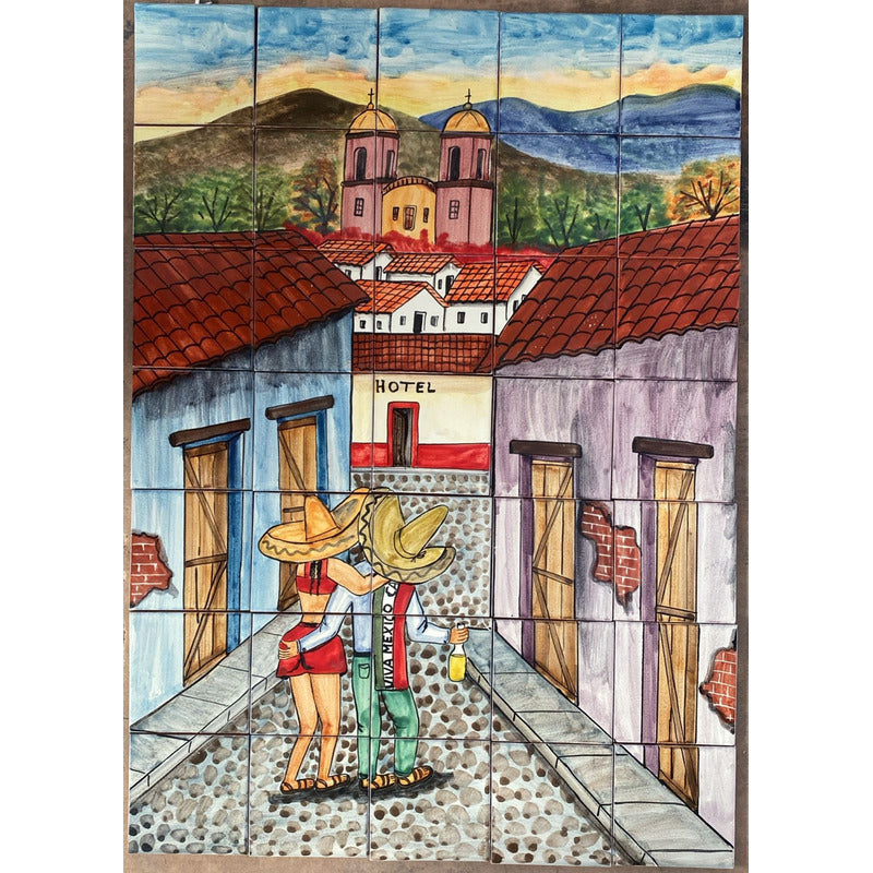 Mural 35pz Azulejo Artesanal Tipo Talavera Liso #m035-25 Pueblito Con Hotel 2