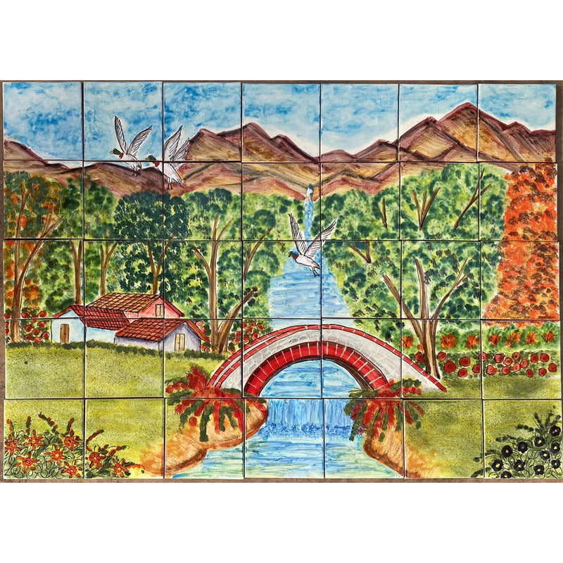 Mural 35pz Azulejo Artesanal Tipo Talavera Liso #m035-01 Pueblito Con Patos 5