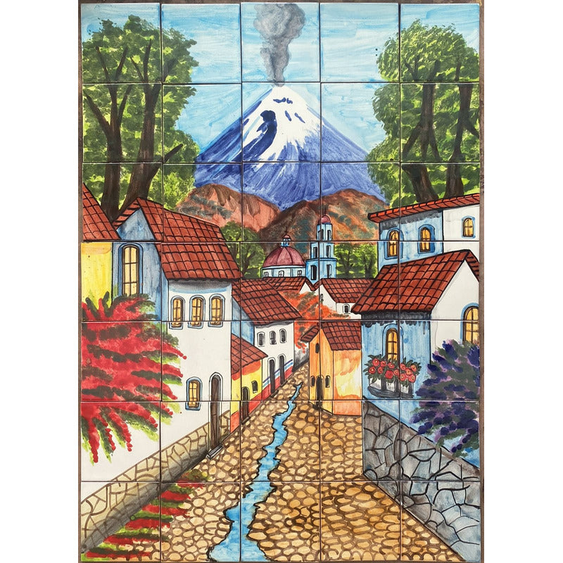 Mural 35pz Azulejo Artesanal Tipo Talavera Liso #m035-09 Pueblito Con Volcan 7