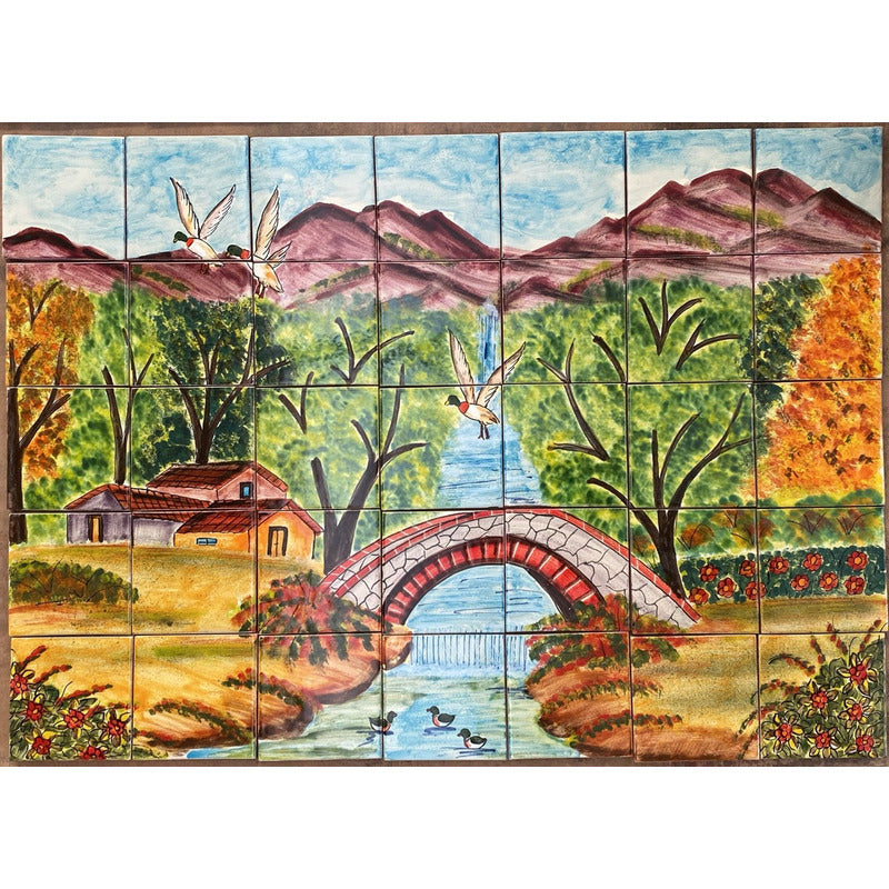 Mural 35pz Azulejo Artesanal Tipo Talavera Liso #m035-01 Pueblito Con Patos 3