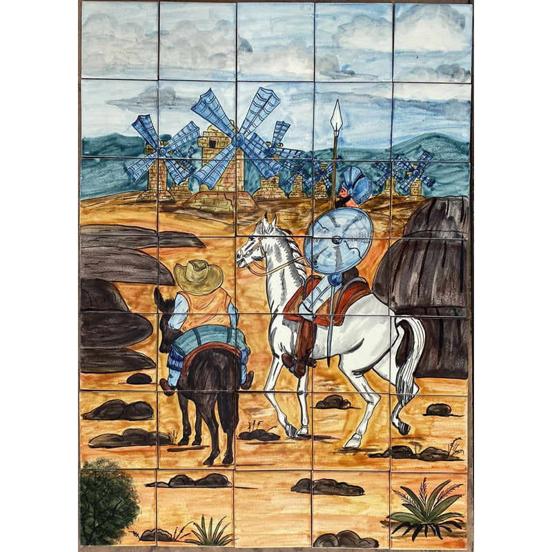 Mural 35pz Azulejo Artesanal Tipo Talavera Liso #m035-24 Pueblito Con Molino De Viento 3