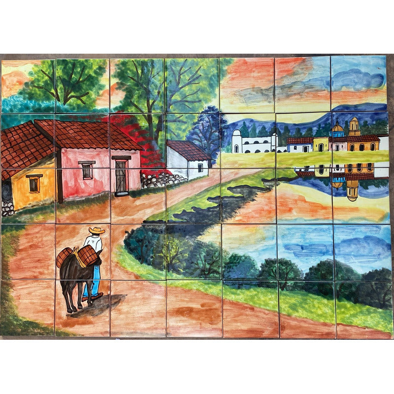 Mural 35pz Azulejo Artesanal Tipo Talavera Liso #m035-04 Pueblito Curva Con Reflejo 7