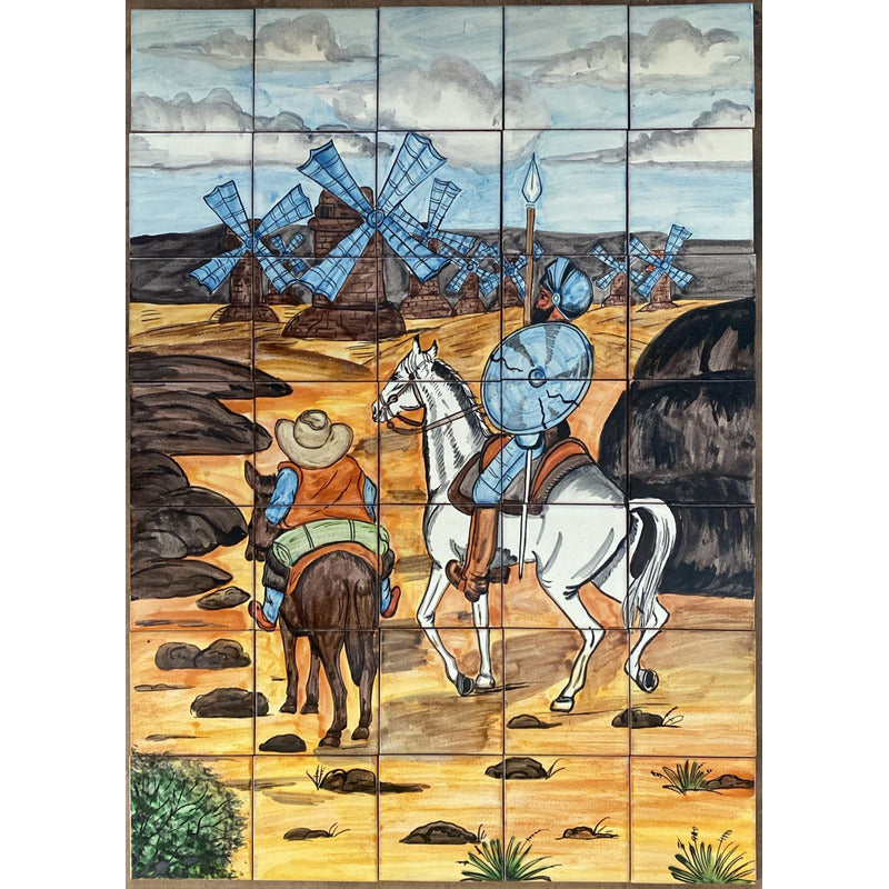 Mural 35pz Azulejo Artesanal Tipo Talavera Liso #m035-24 Pueblito Con Molino De Viento 2