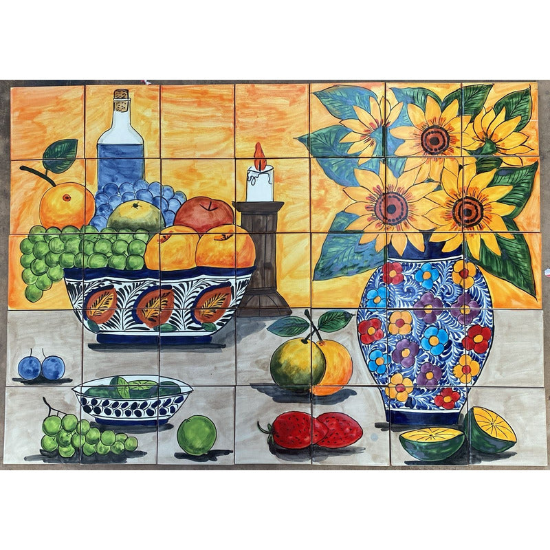 Mural 35pz Azulejo Artesanal Tipo Talavera Liso #m035-93 M035-93.04