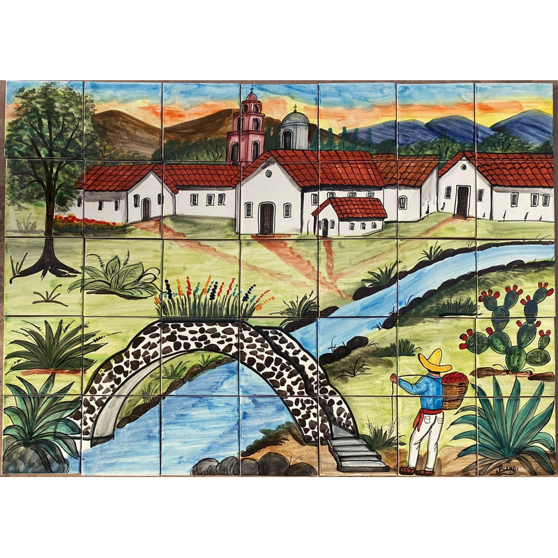 Mural 35pz Azulejo Artesanal Tipo Talavera Liso #m035-68 M035-68.03