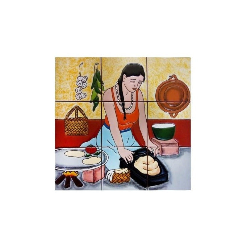 Mural 9pz Azulejo Artesanal Tipo Talavera Relieve #m009-02