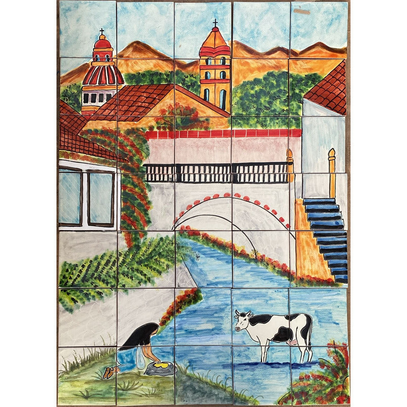 Mural 35pz Azulejo Artesanal Tipo Talavera Liso #m035-29 M035-29.03