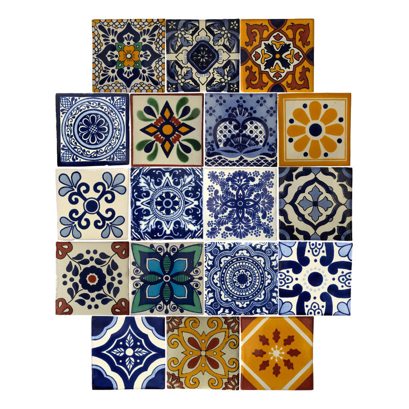 Azulejo 10.5cm Artesanal Tipo Talavera Liso 90pz Surtido N09